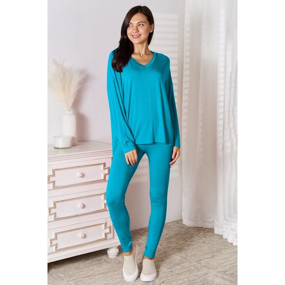 BASIC BAE Plus Sky Blue V-Neck Soft Rayon Long Sleeve Top Pants Lounge Set NEW - Picture 3 of 5
